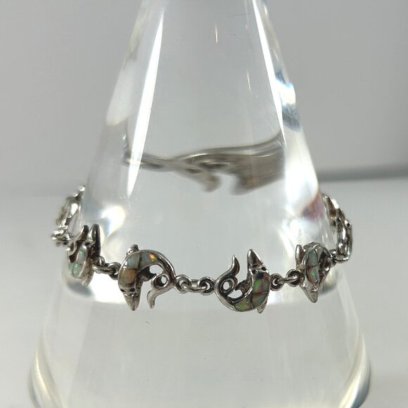 Childs Size Bracelet 7" Silver Tone Dolphins Abalone Ocean Sea Beach - Picture 4 of 5